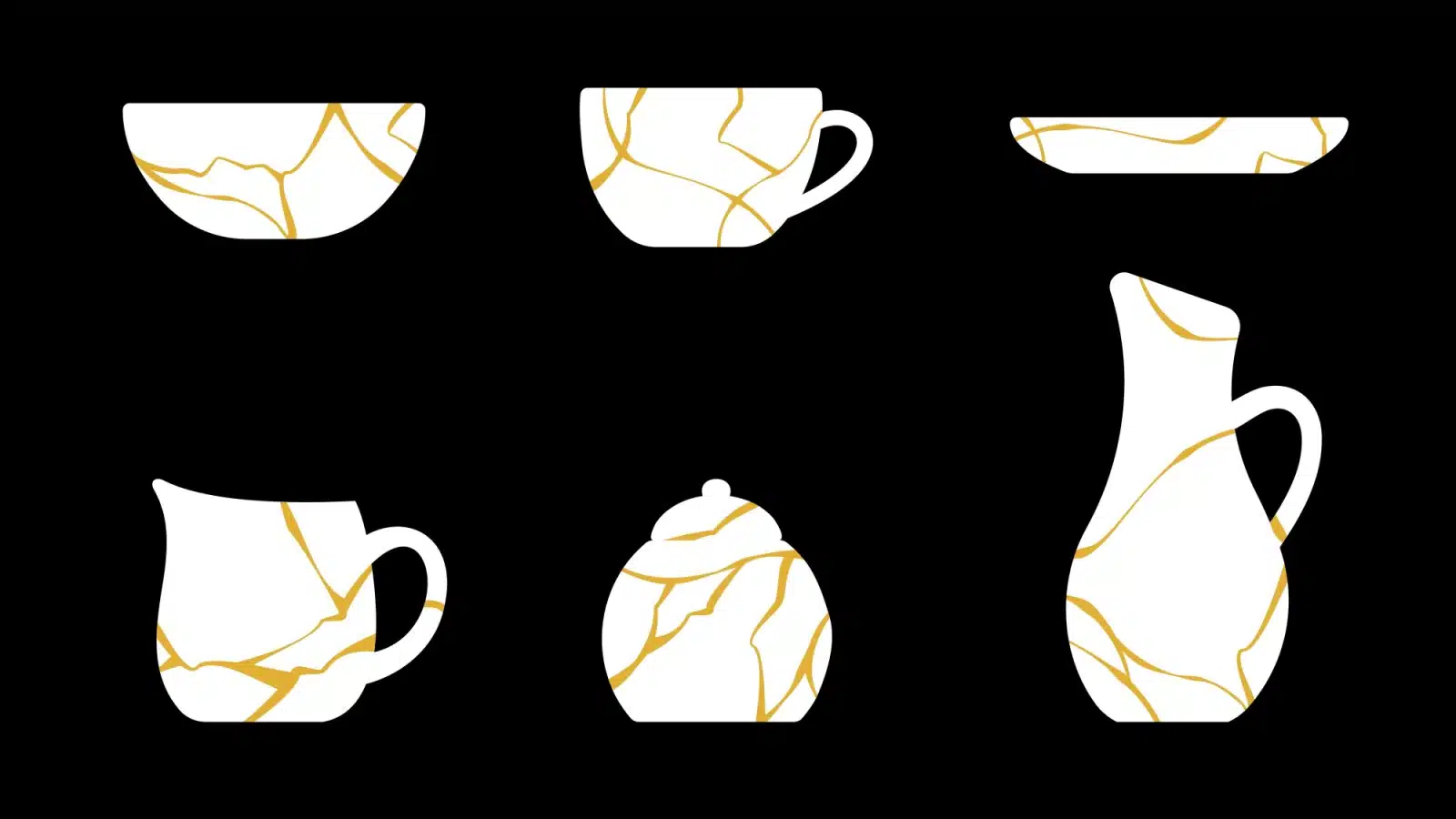 Graphic featuring a variety of white items repaired with Kintsugi on a black backgroun.