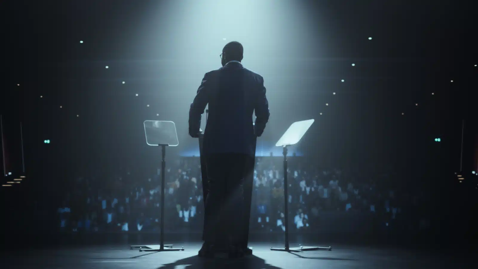 A leader speaks to a crowd in an auditorium.