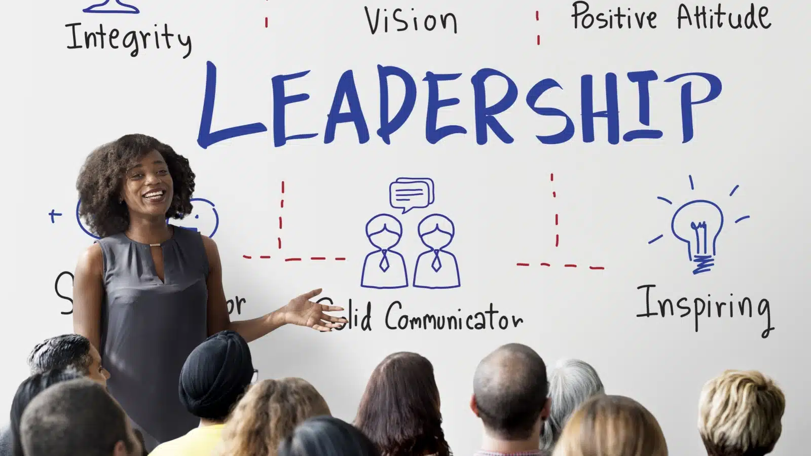 A woman stands in front of a board featuring a handful of top leadership skills.