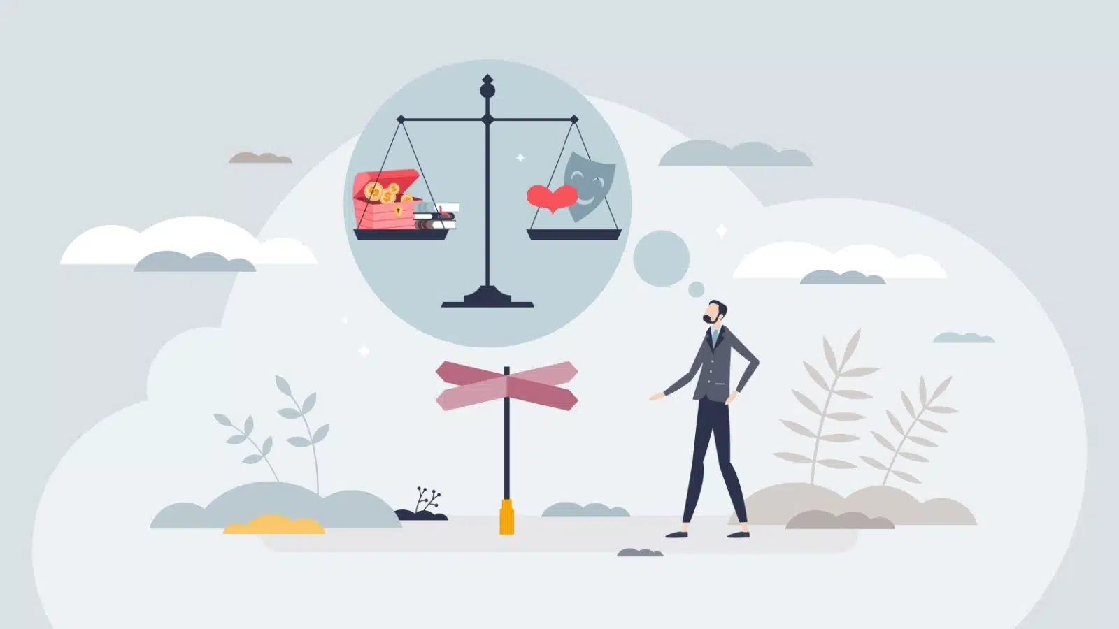 Graphic highlighting the balancing act between love, money, work, and life.