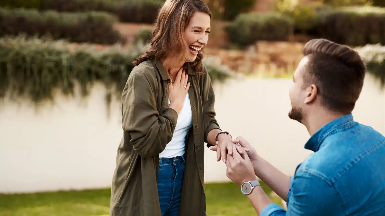 A man proposes to his happy girlfriend.