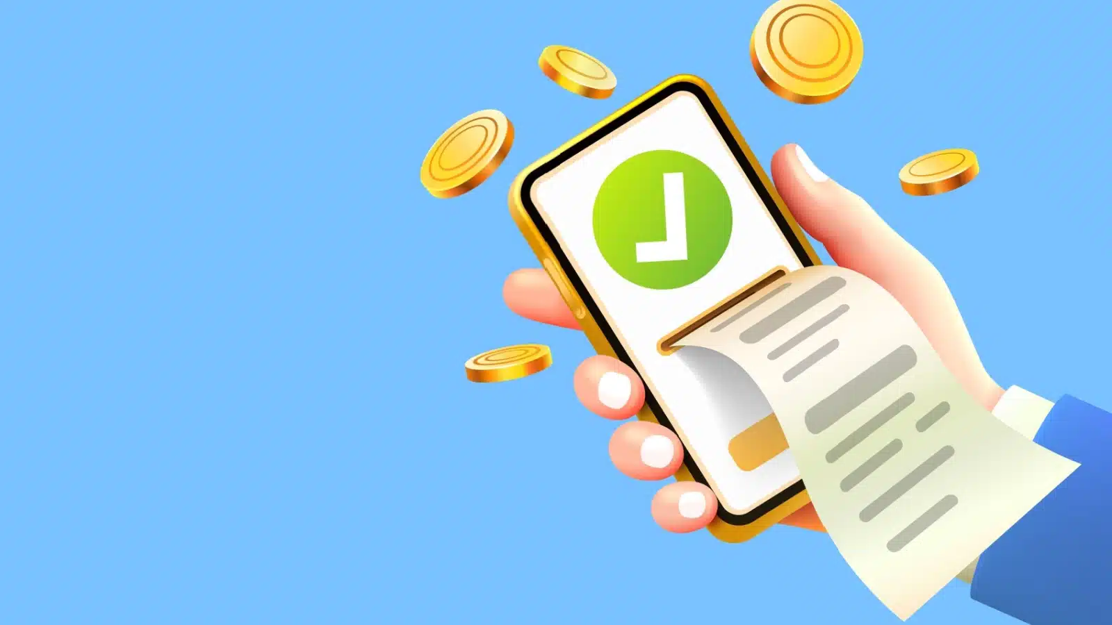 Graphic showing a receipt coming out of a cell phone with coins floating around it to highlight how easy Ibotta is to use.