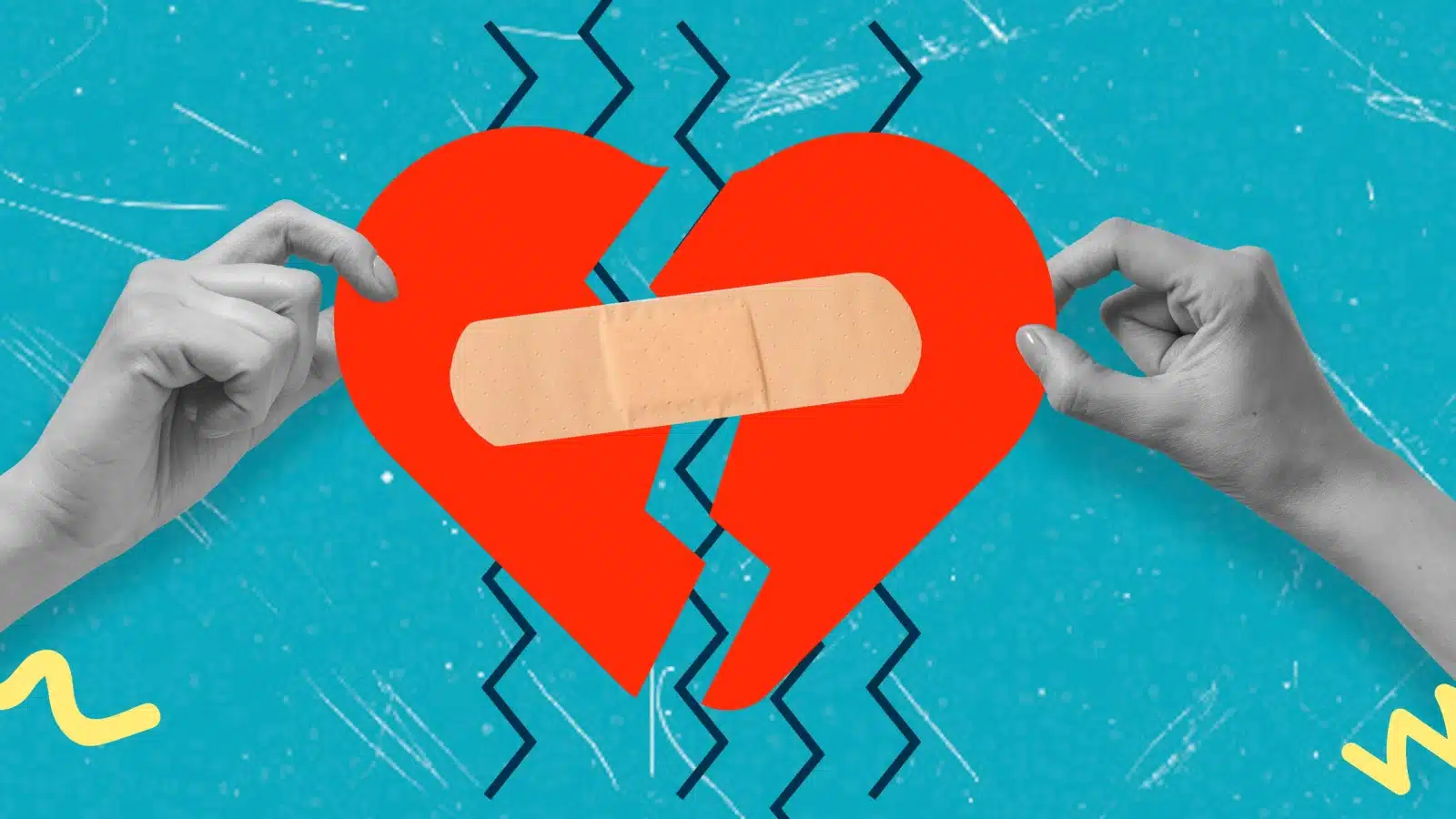 Graphic of hands trying to repair a broken heart.