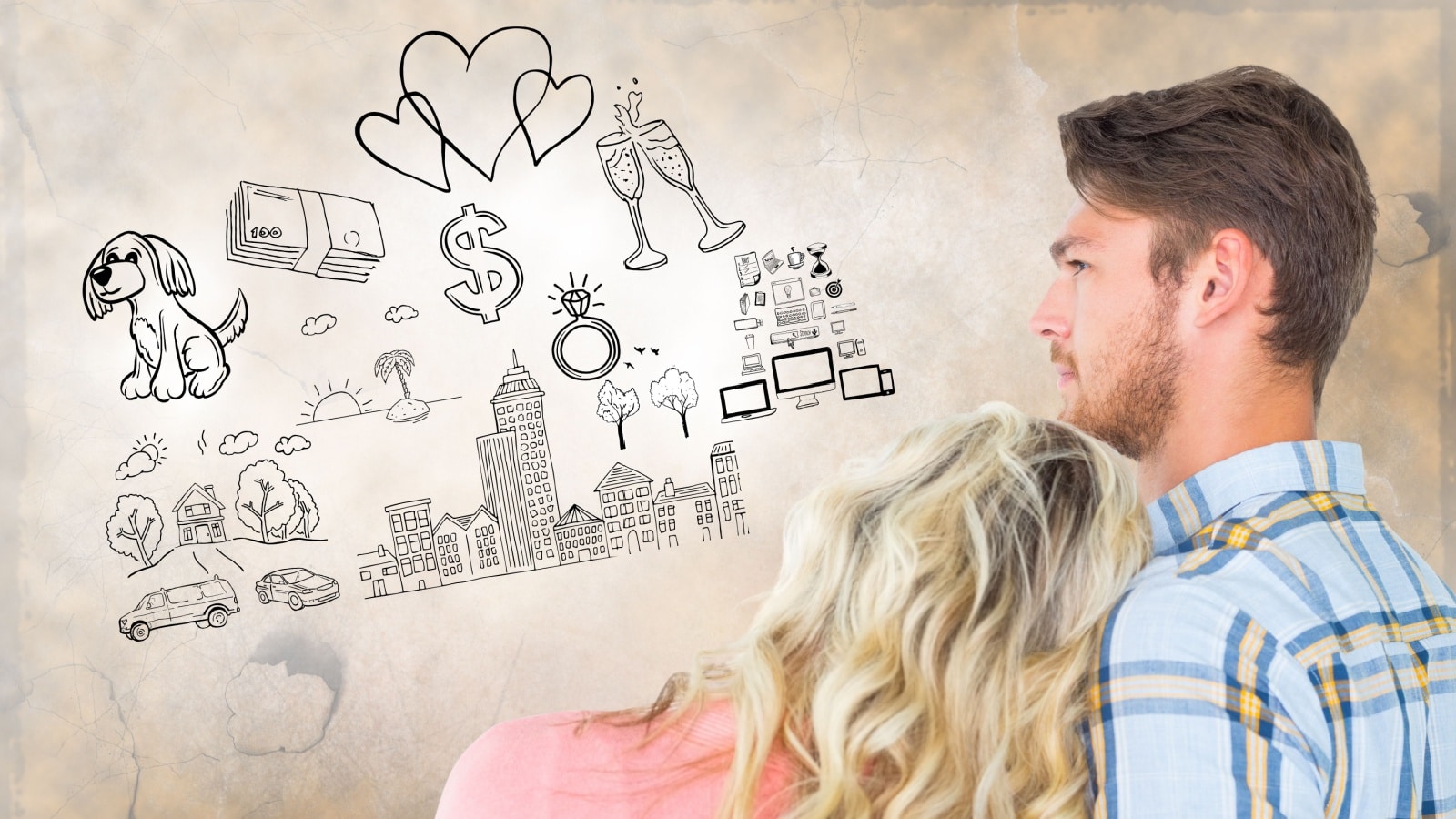 A woman lays on her partner's shoulder, staring dreamily off at a vision of her life goals, while he looks like he doesn't want those things.