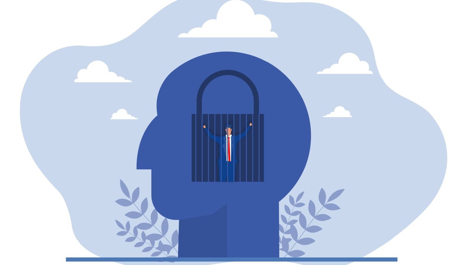 Illustration of a business man trapped inside his own head to represent a fixed mindset.