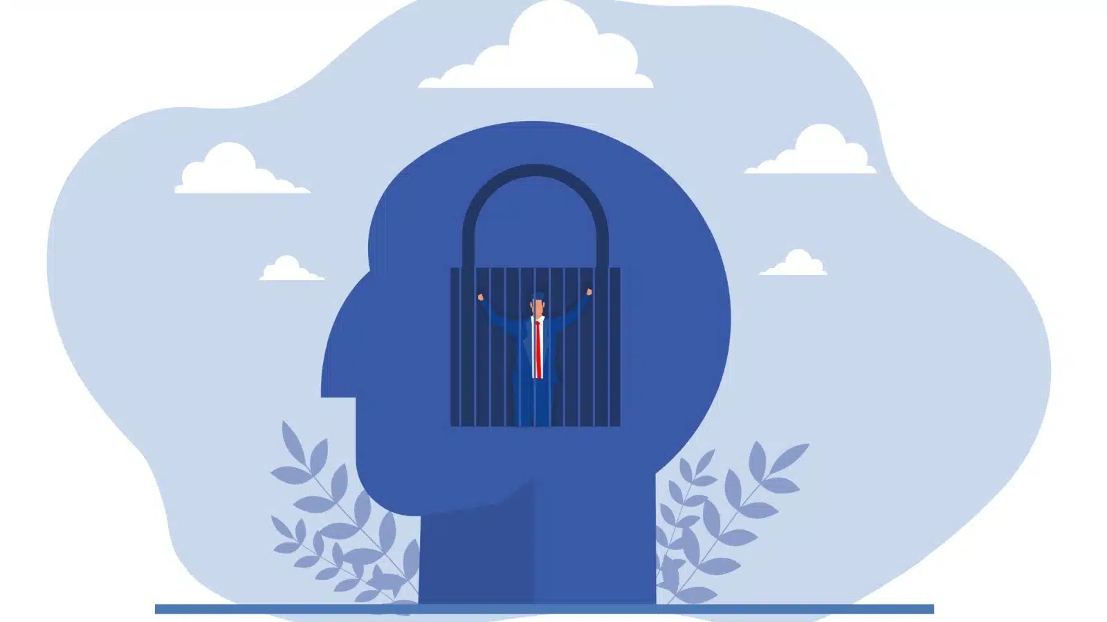 Illustration of a business man trapped inside his own head to represent a fixed mindset.
