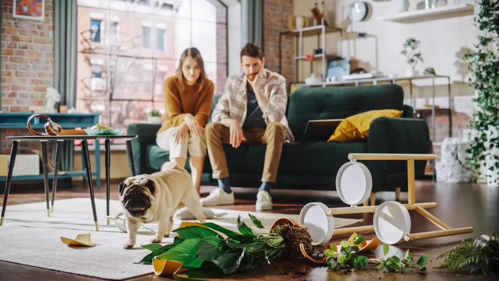 Tired, upset dog owners look on as their pug destroys a plant. They represent the statement "I regret getting a dog."