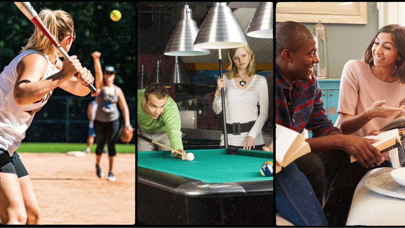 Collage showing three social hobbies: softball, billiards, and book club.
