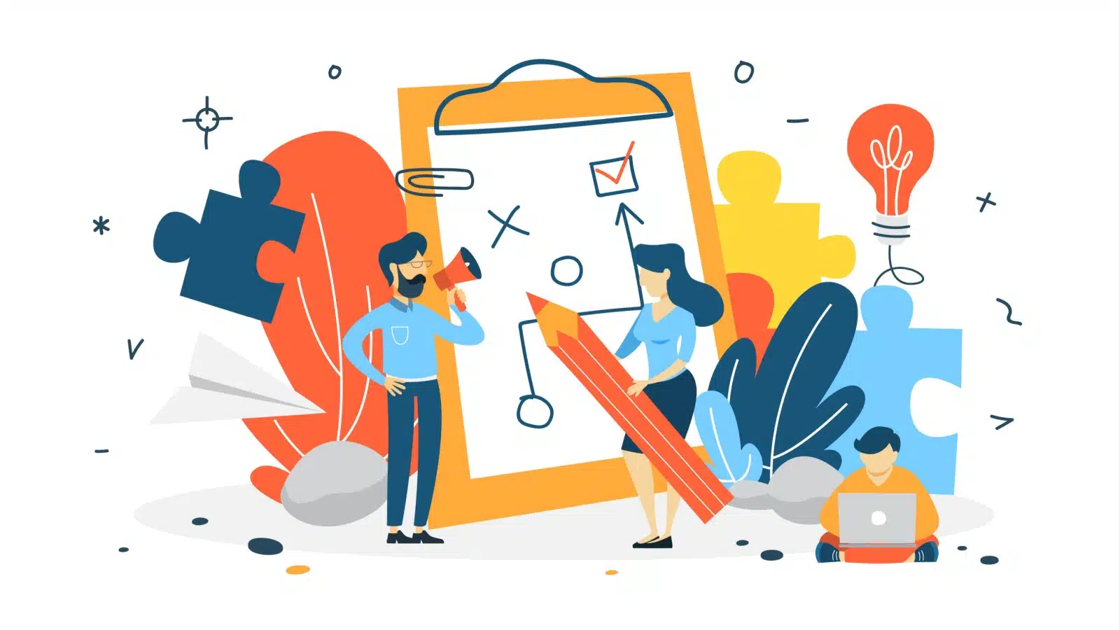 Graphic illustrates and action plan. A cartoon woman uses a giant pencil and clipboard to draw a football style action plan while a man uses a megaphone to cheer her on.