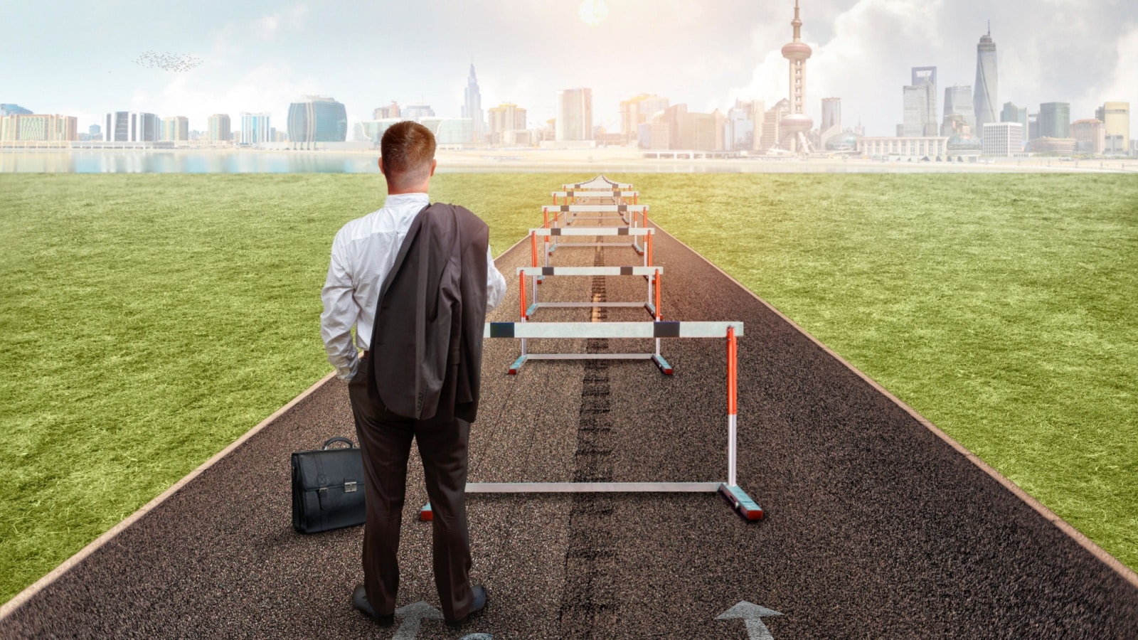 Graphic of a business man standing on the road to success, looking out at all the hurdles he has to jump before he reaches his goal.