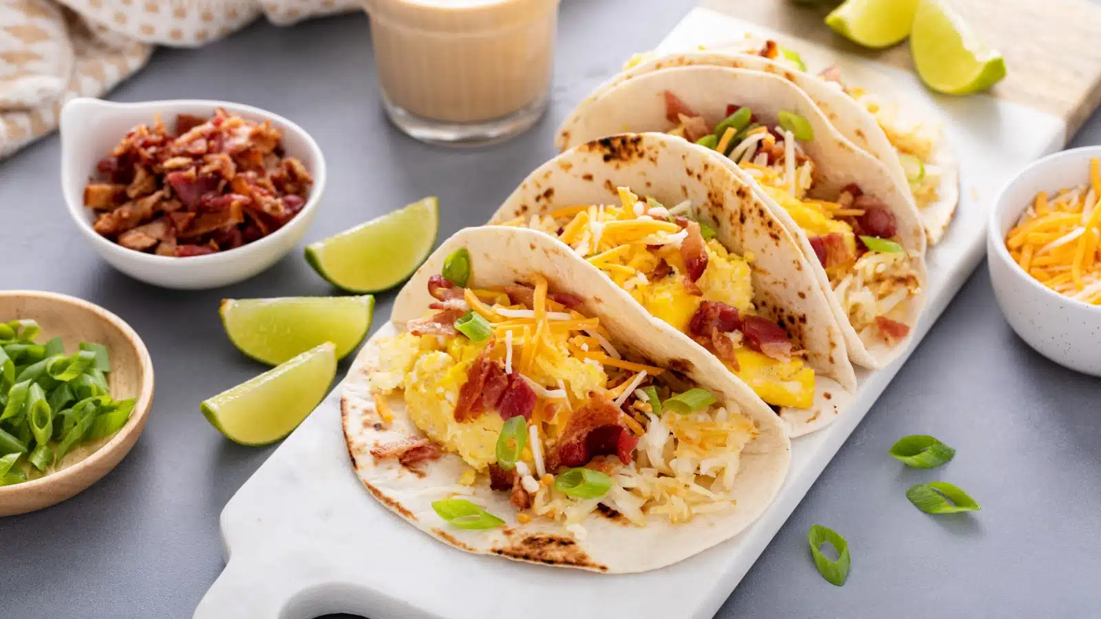 Breakfast taco with hashbrowns, egg, and cheese.