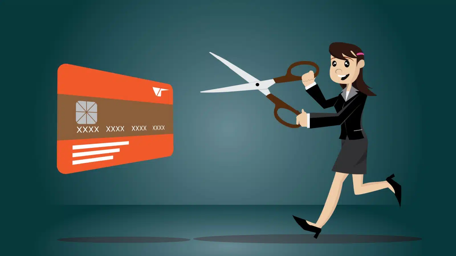 A cartoon image of a woman moving toward a giant credit card with a giant pair of scissors. She's going to cut up the card to stop spending money.