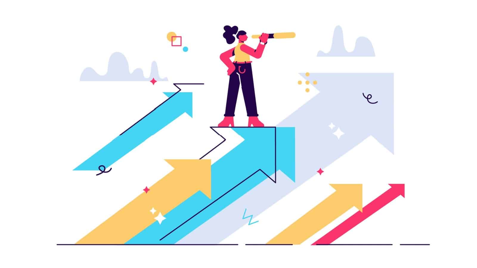 Graphic of a woman on moving arrows using a periscope to navigate her life goals.