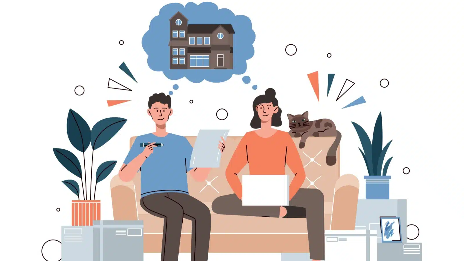Illustration of a couple working on their finances because they dream of owning a home someday.