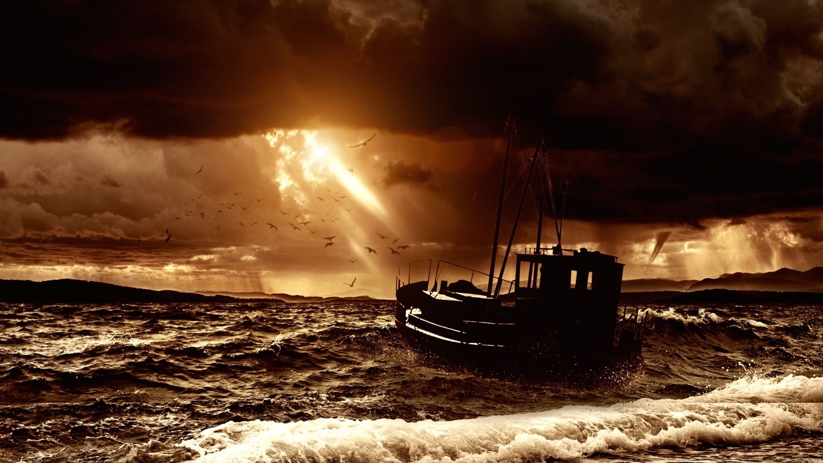 Illustration of a fishing boat in a dark stormy sea. 