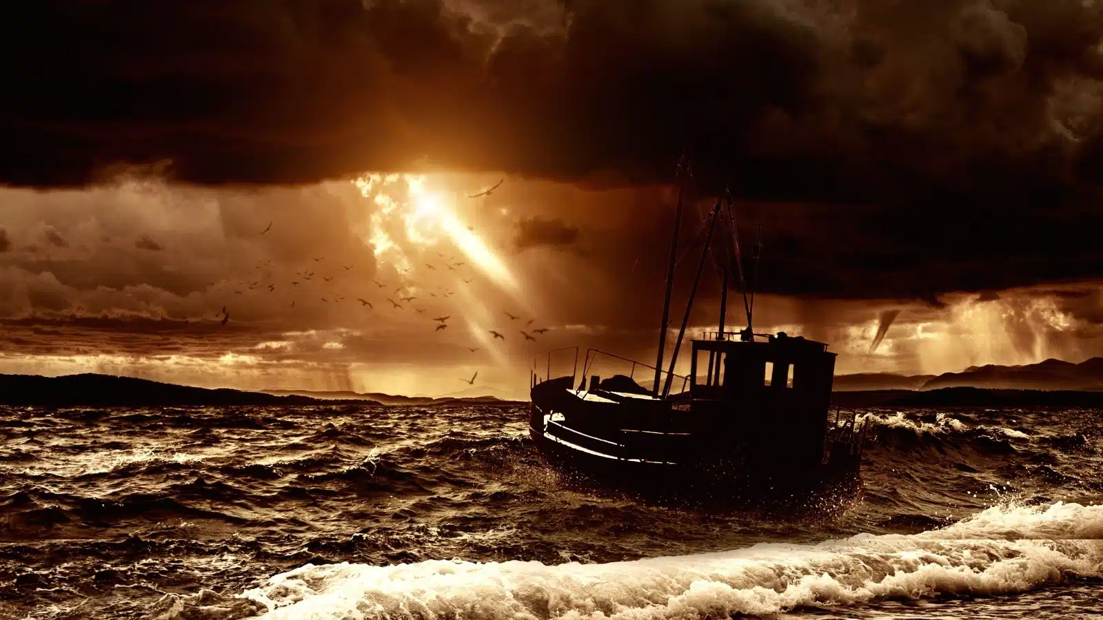 Illustration of a fishing boat in a dark stormy sea.