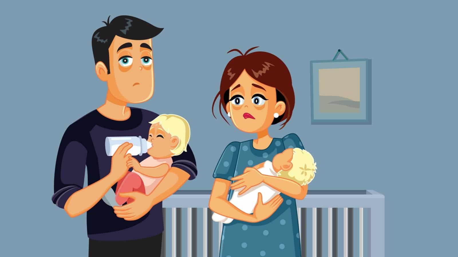 A graphic illustration represents why Millennials don't want kids. Exhausted parents hold twin babies.