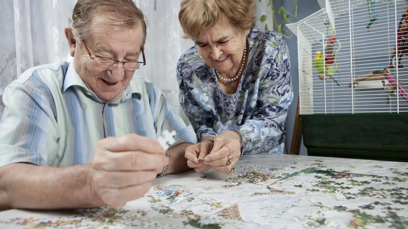 A senior couple enjoys an evening together working on a puzzle.