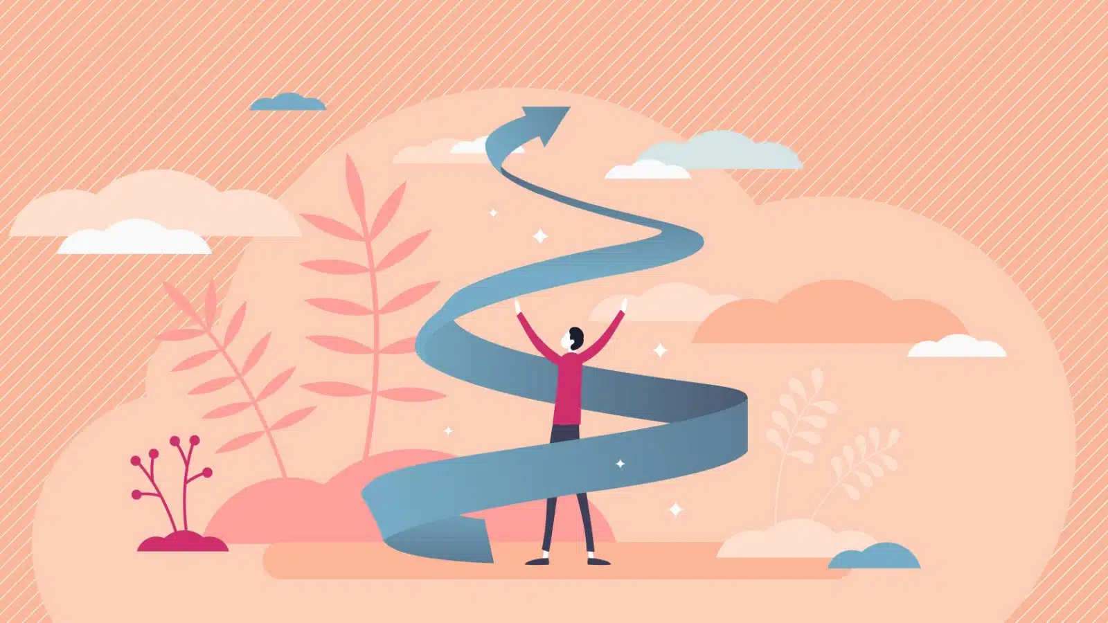 A cartoon man stands with a ribbon spiraling around him in an upwards arrow to represent personal growth and development.