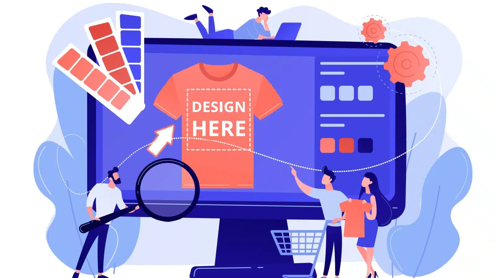 What is print on demand? This graphic illustrates it: Small cartoon people look at a t-shirt labeled "your design here" on a giant monitor.