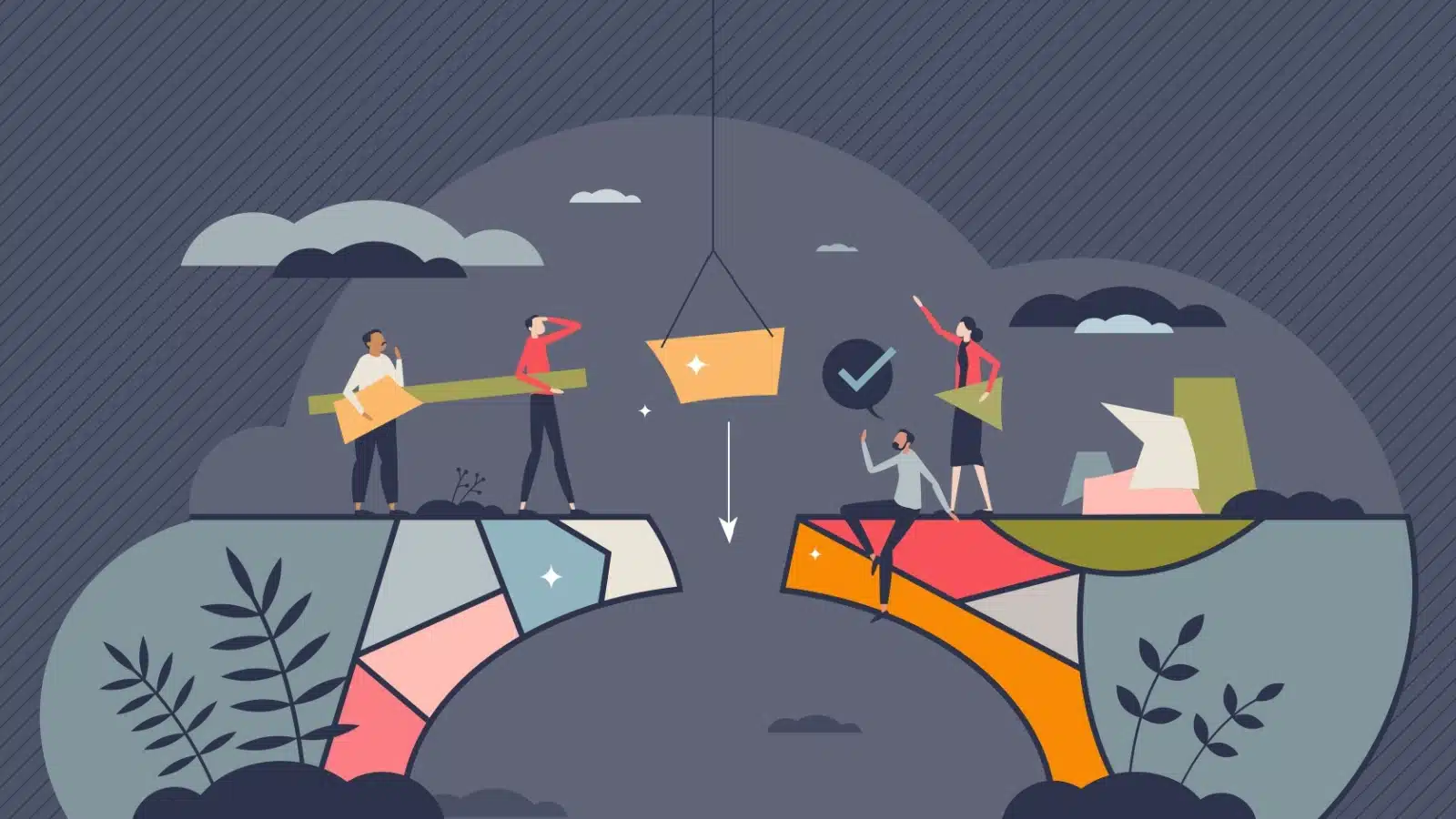 A graphic showing a team working together to rebuild a broken bridge.