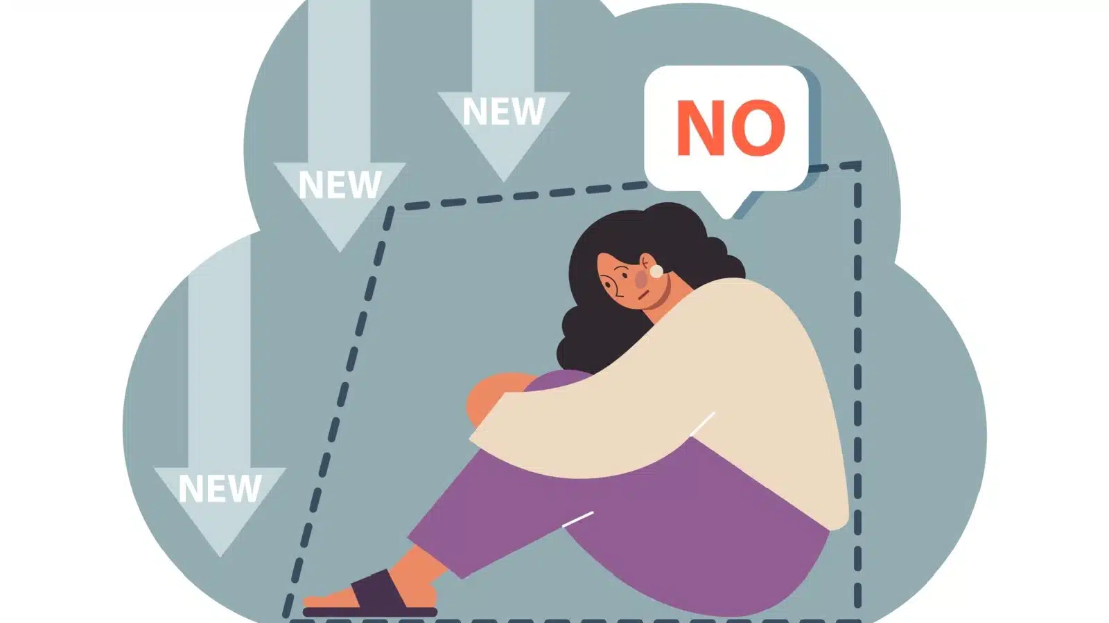 A cartoon woman puts herself in a fake box, refusing every opportunity that comes her way. The cartoon represents how a fixed mindset prevents growth.