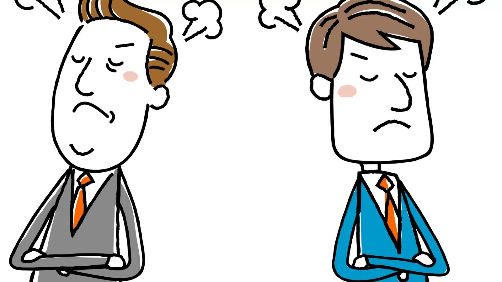 Cartoon coworkers standing back to back, both seething in anger.