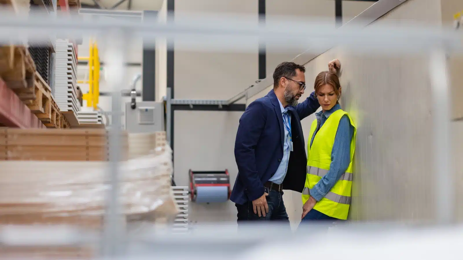 A male boss corners his female employee, sexually harassing her. She's clearly uncomfortable.