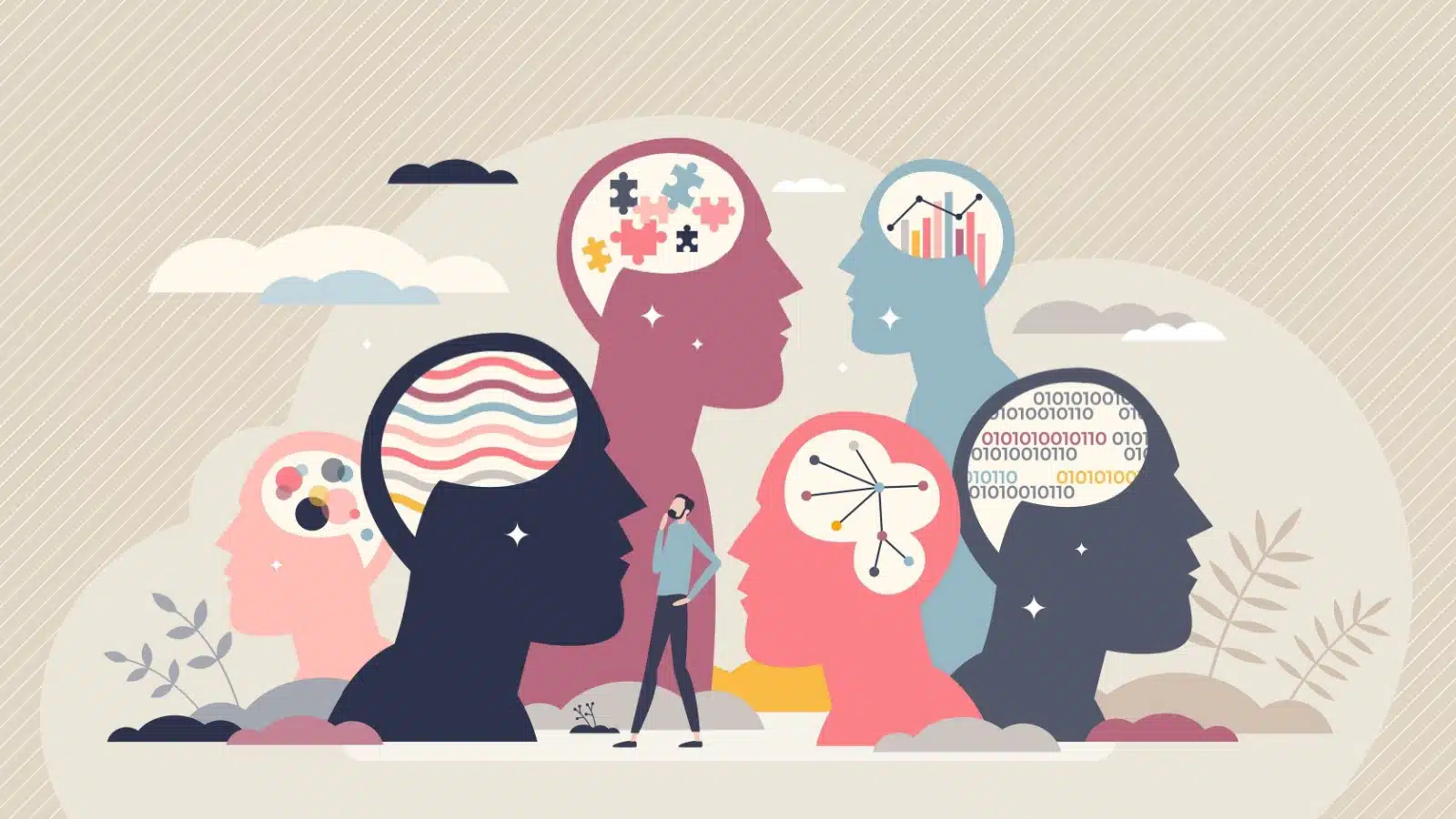 Graphic featuring a variety of large heads with different thinking styles represented in the brain space. The image highlights how everyone thinks differently.