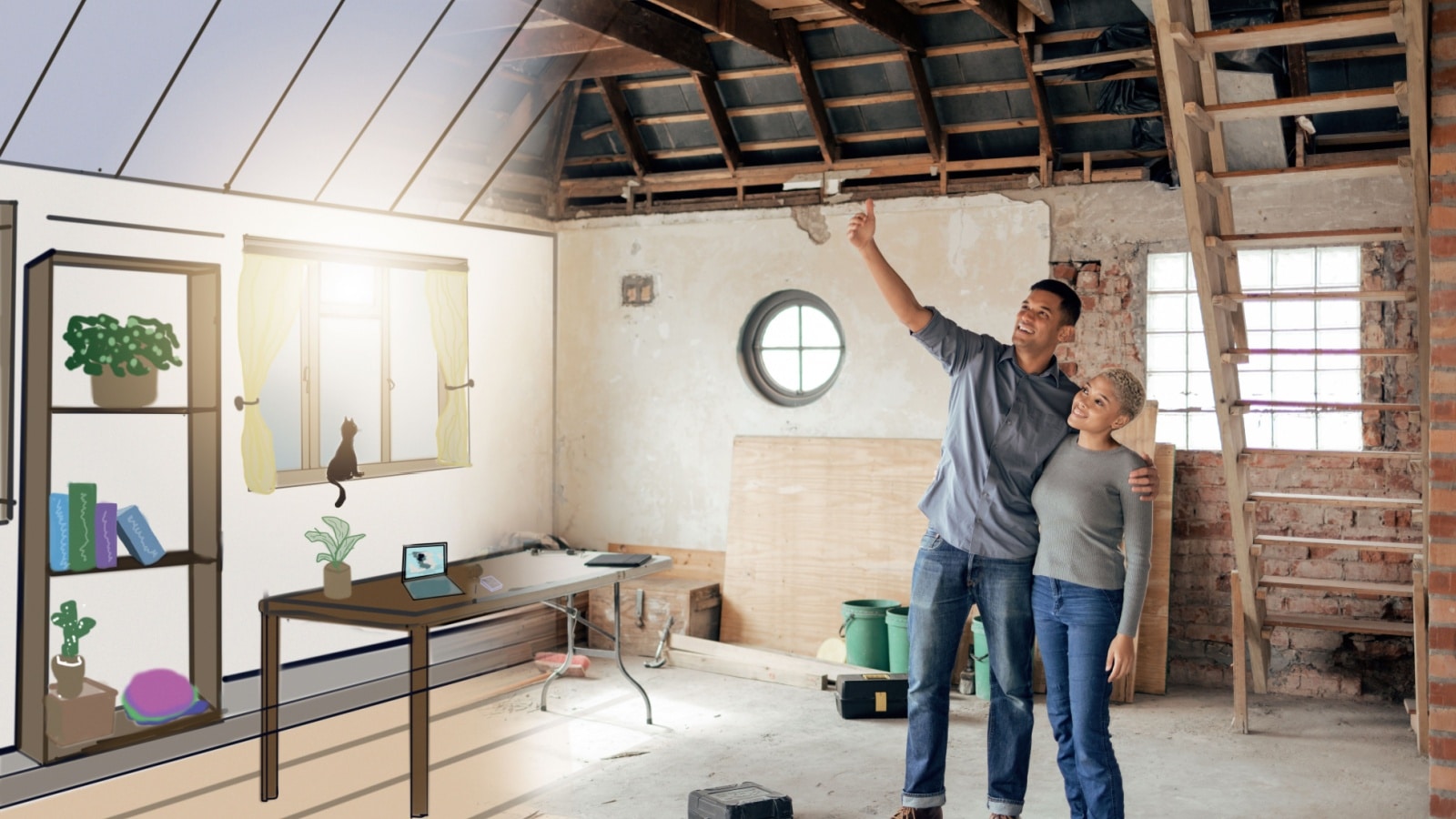 A couple looks at a fixer upper home, as a cartoon fills in the vision of what the home will look like after renovations.