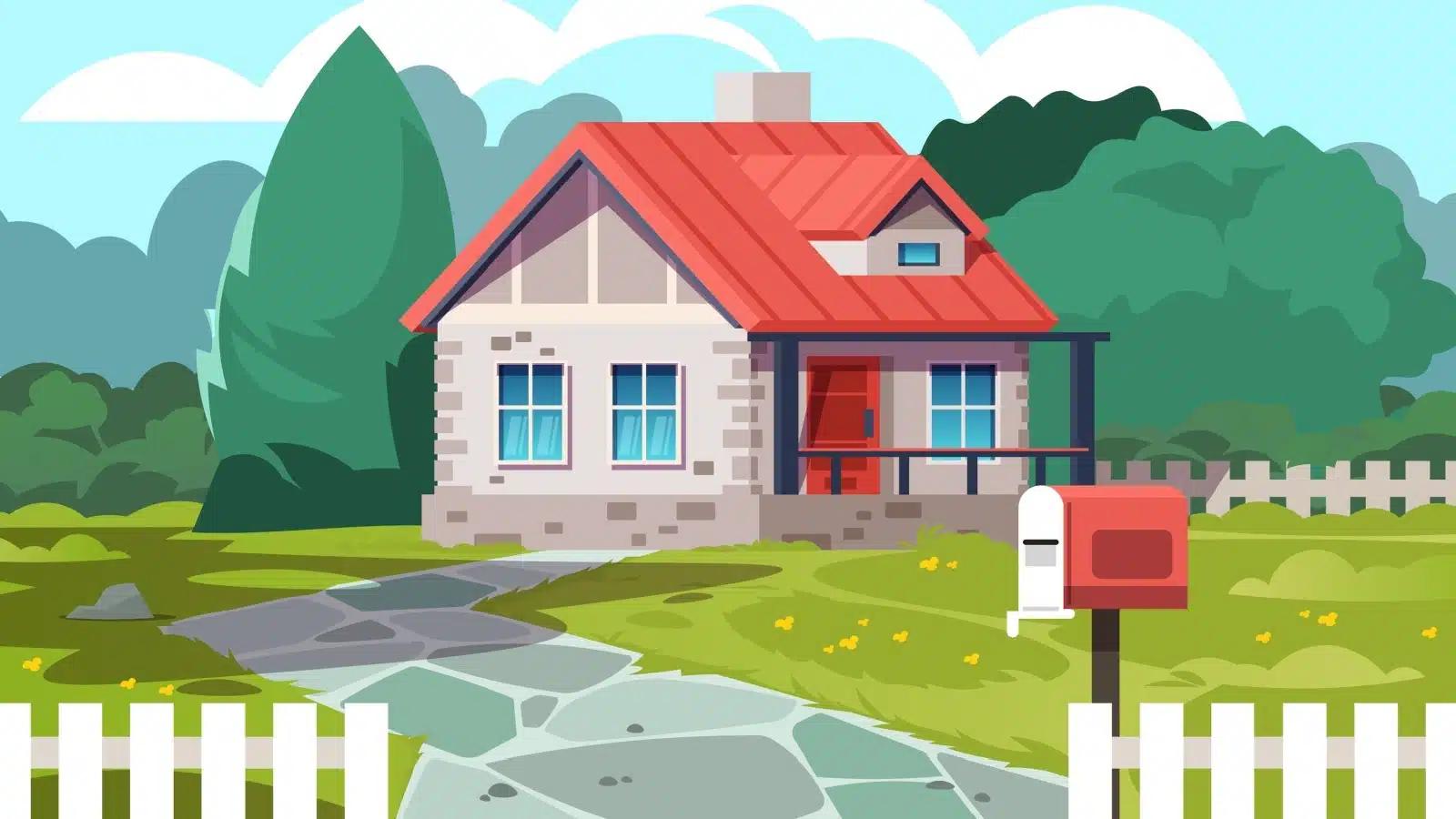 An illustration of the American dream. An idyllic suburban house with a nice lawn and a white picket fence.