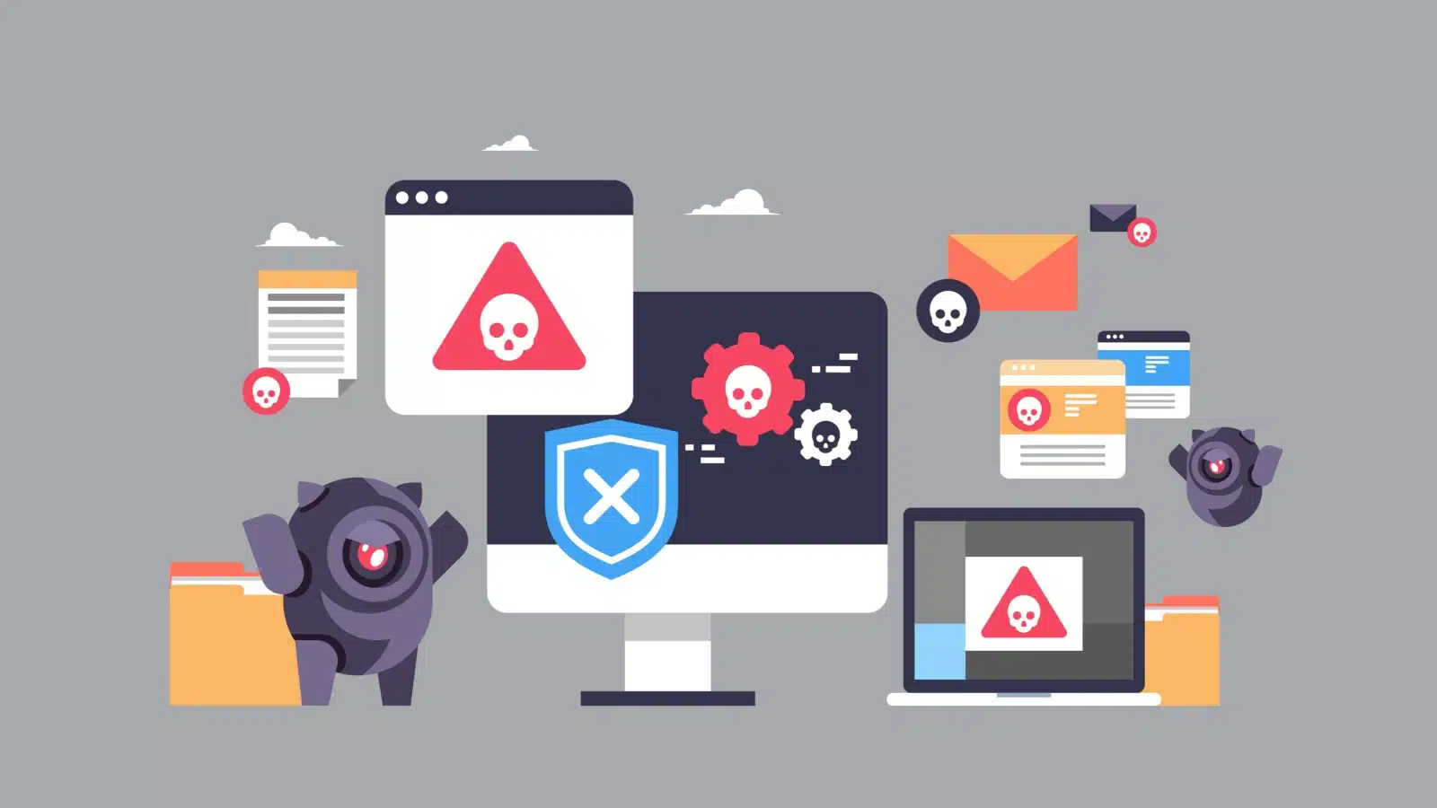 Graphic representing a computer virus spread by bots. Little evil robots celebrate as a computer shows warning signs on all it's apps.