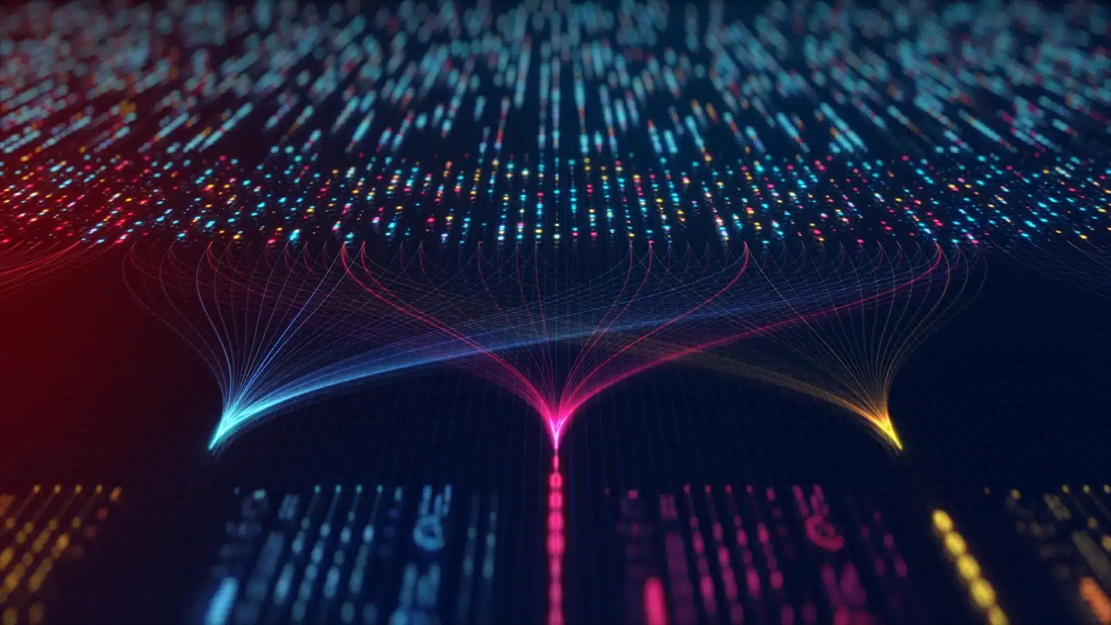 Colorful network flow graph representing data analytics and algorithms.