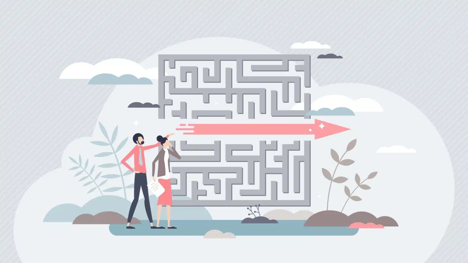 A man suggests his colleague simply cut through the center of a giant maze, to represent advice that is easier said than done.  