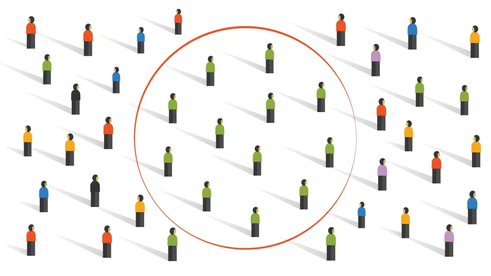 Cartoon graphic highlighting how online echo chambers work. A group of human figures dressed in green are grouped together in a circle, while everyone outside their bubble wears different colors.