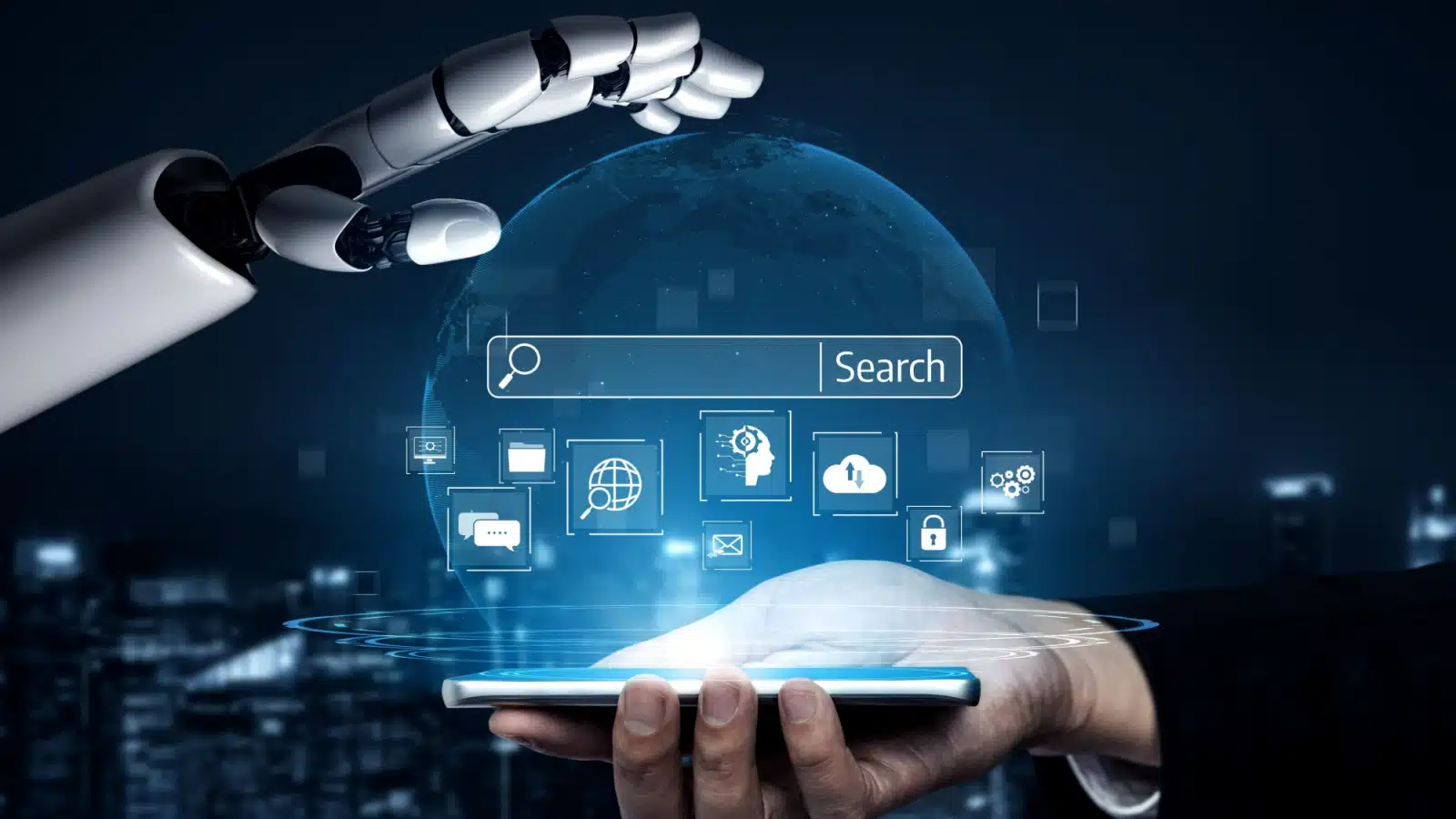 Concept art representing generative AI search results. A robot hand hovers over a search icon illuminating from a cell phone.