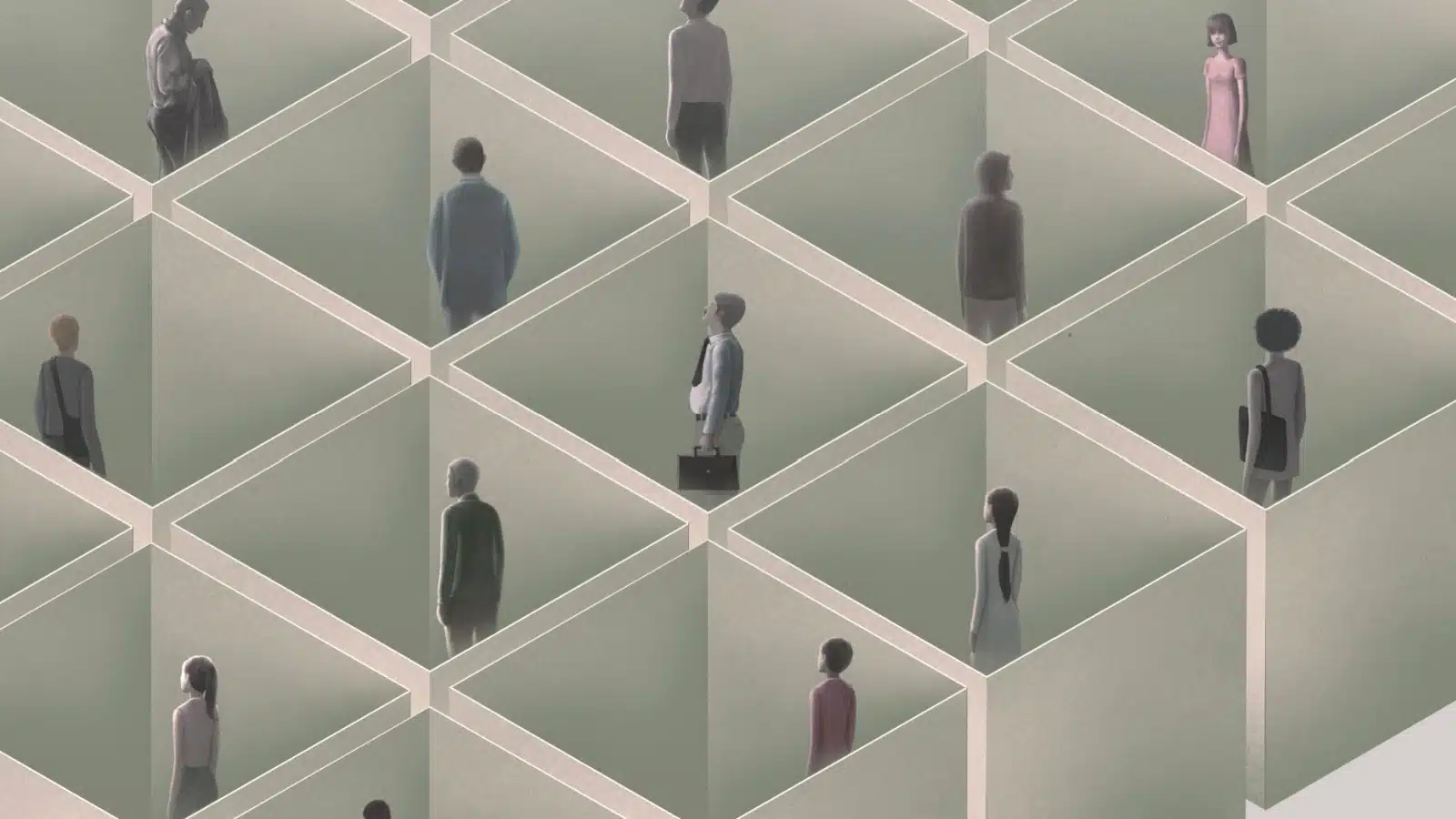 A sad illustration showing people trapped in the little boxes society loves pushing them into.