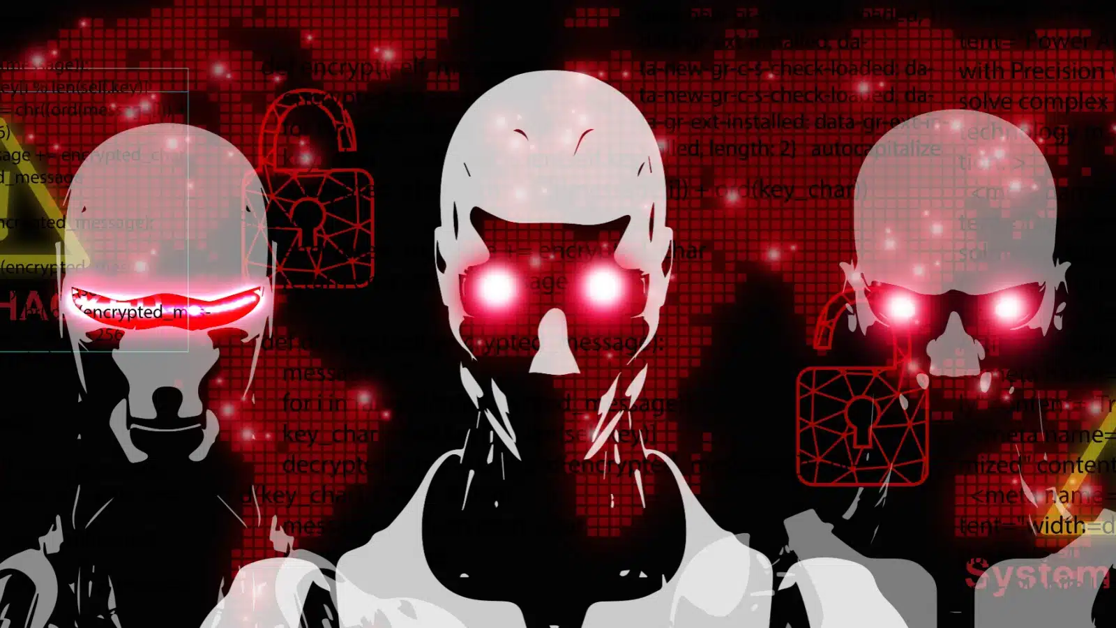 Three red dangerous looking robots that almost look like terminators to represent the harmful bots flooding the internet, turning dead internet theory into a reality.