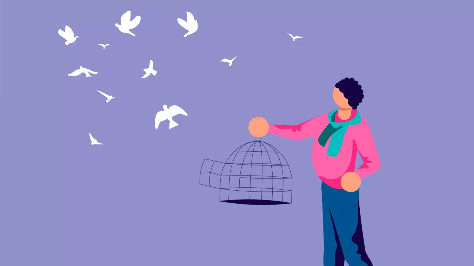 Illustration of a man releasing caged birds to represent letting go of something.