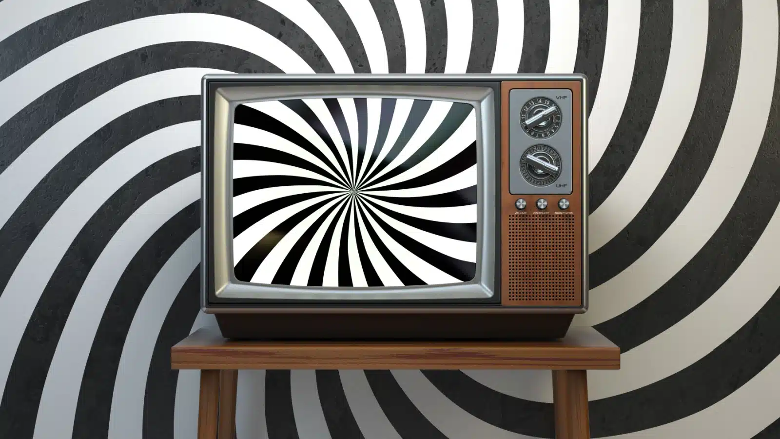 A television with a hypnotic spiral on screen, representing how television can brainwash people.