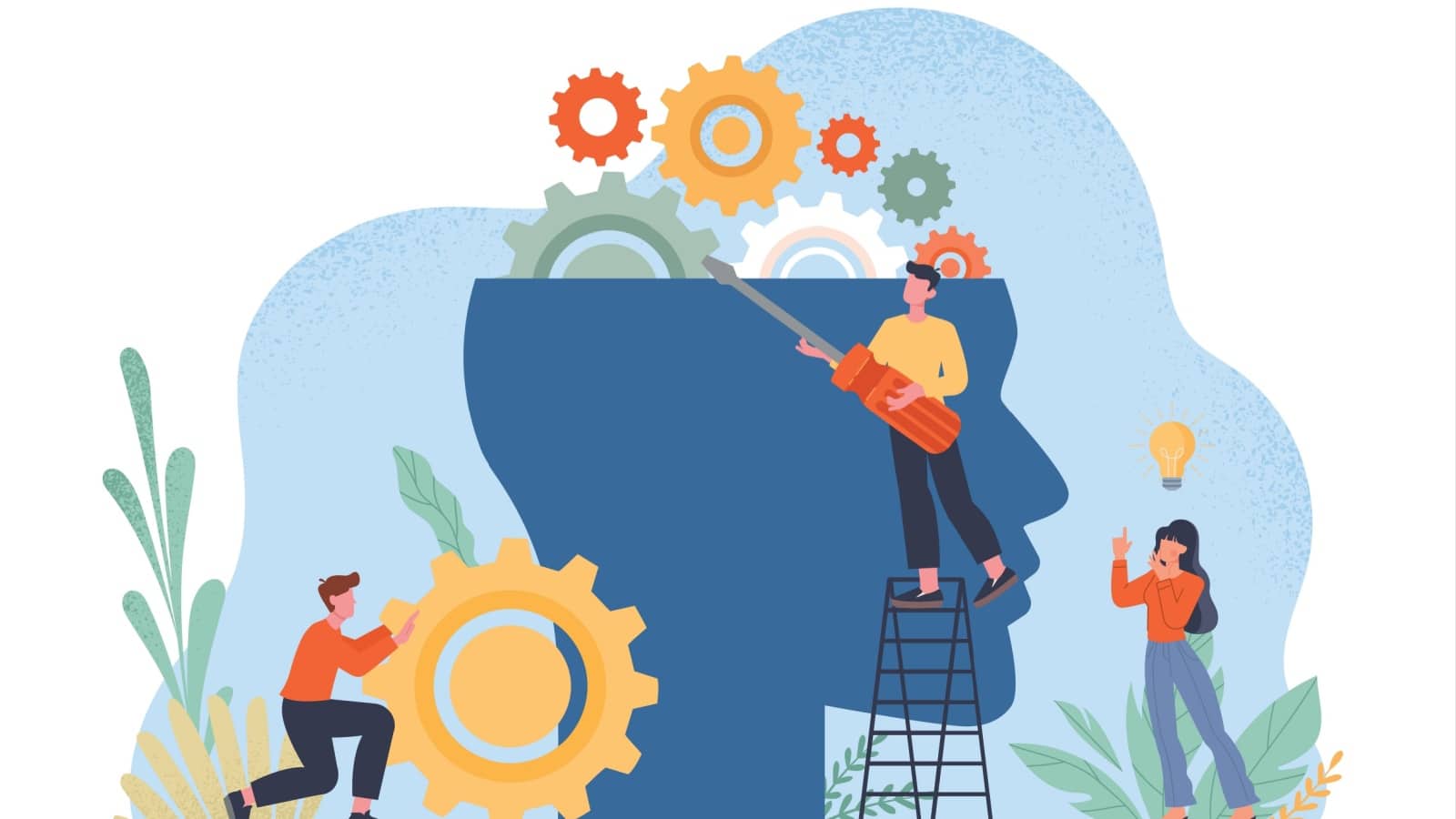 Graphic of cartoon people using tools to fix the gears in a mind, to represent tools to change your mindset.