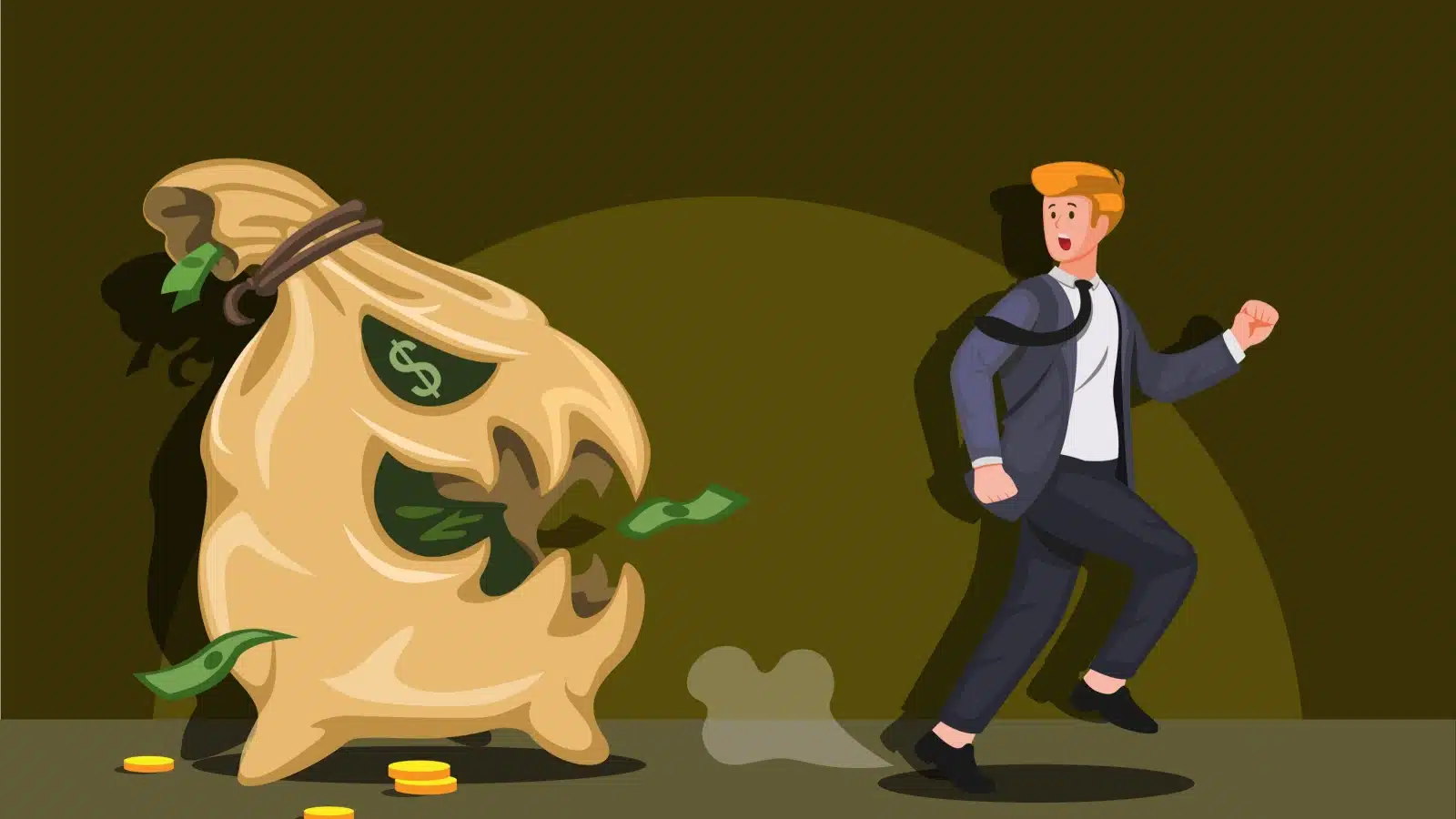 Cartoon showcasing a businessman running from a monster shaped like a giant bag of money.
