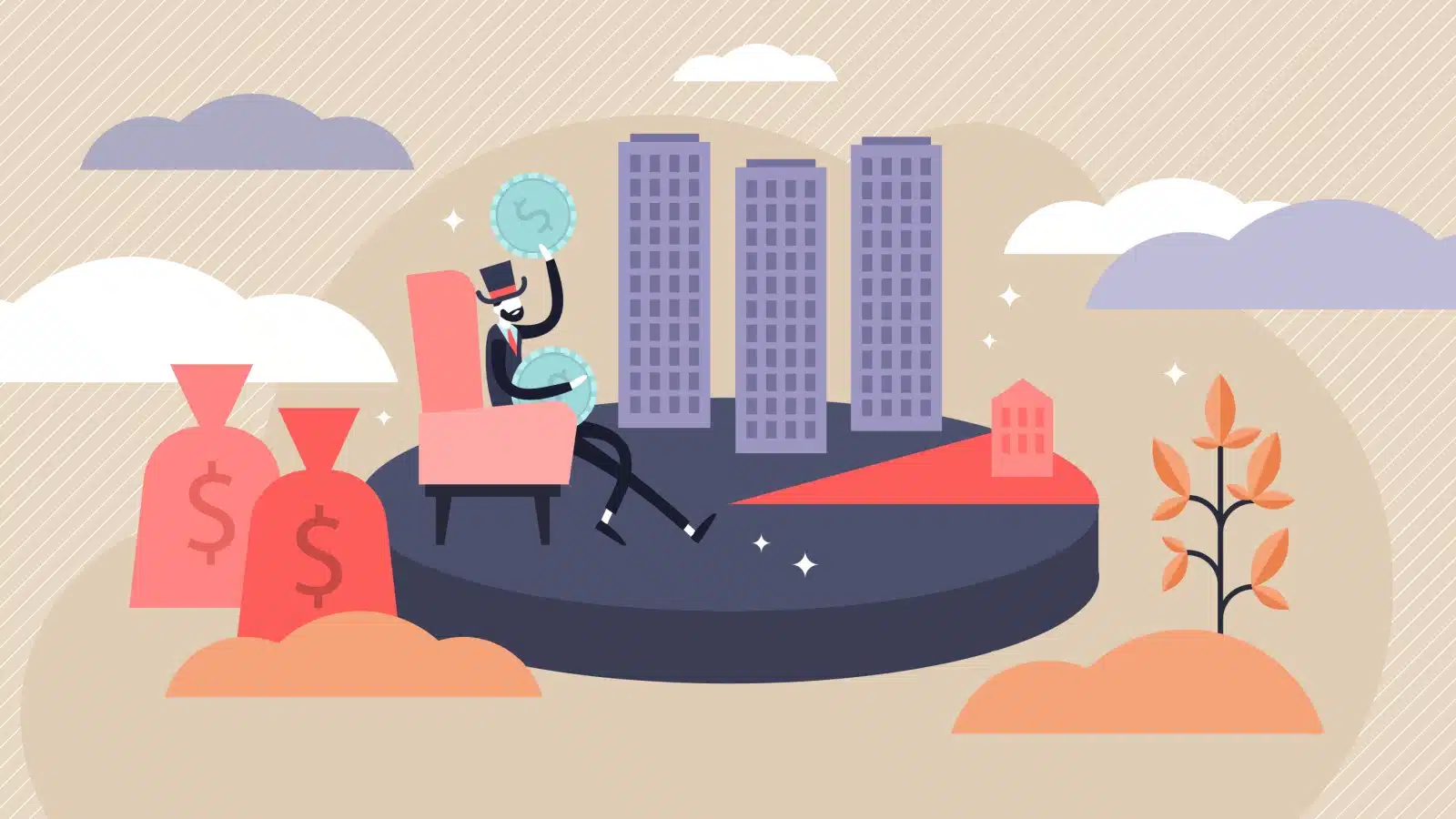 Illustration of a rich man sitting on a chair overlooking a city, throwing money toward a smaller building, to represent how money is power.