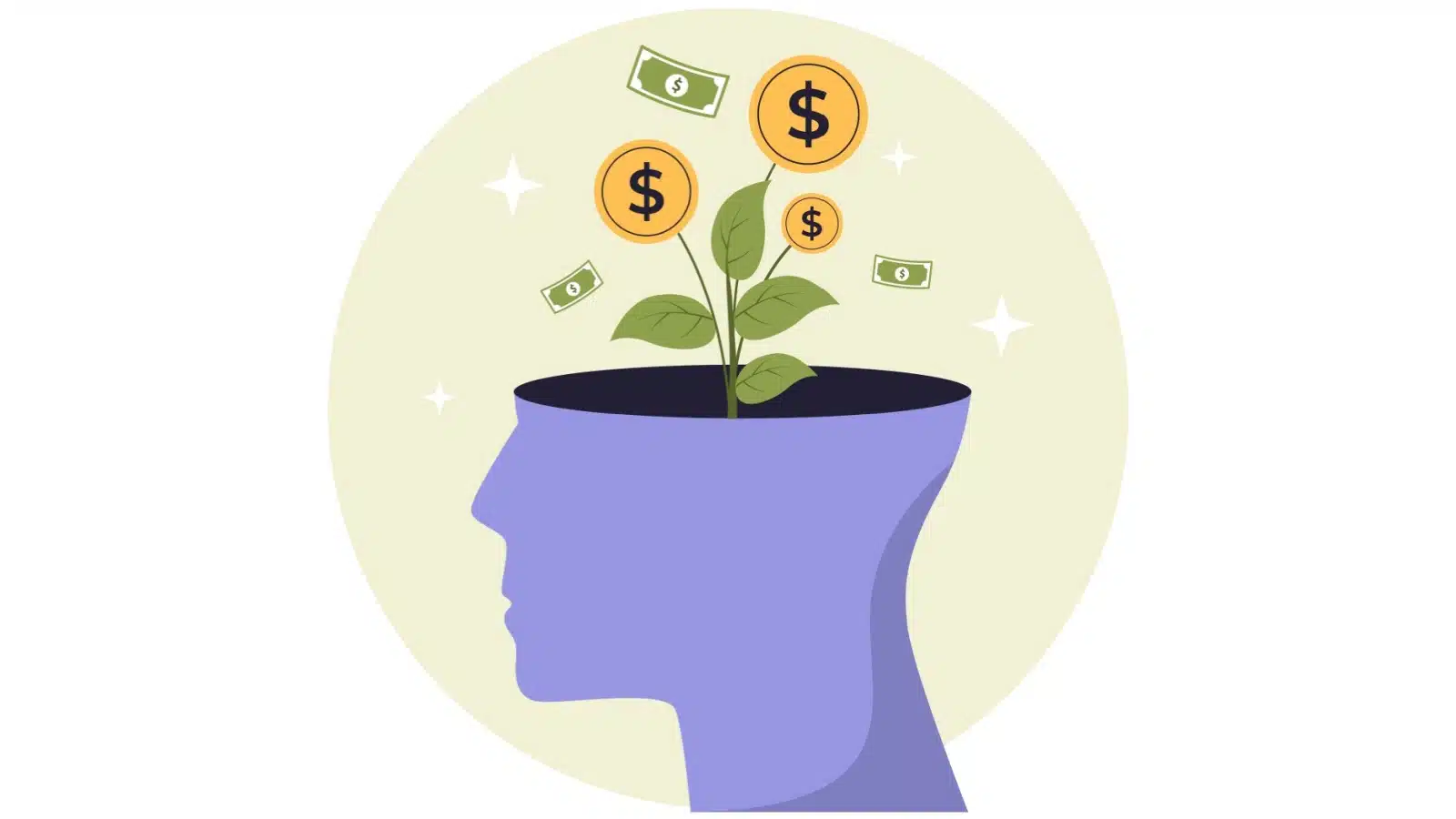 Illustration of a head with growing money where the brain should be to represent a money mindset.