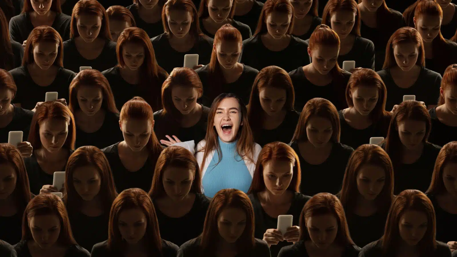 One unique woman rejects her phone in a sea of similar looking women who are all glued to their phones.