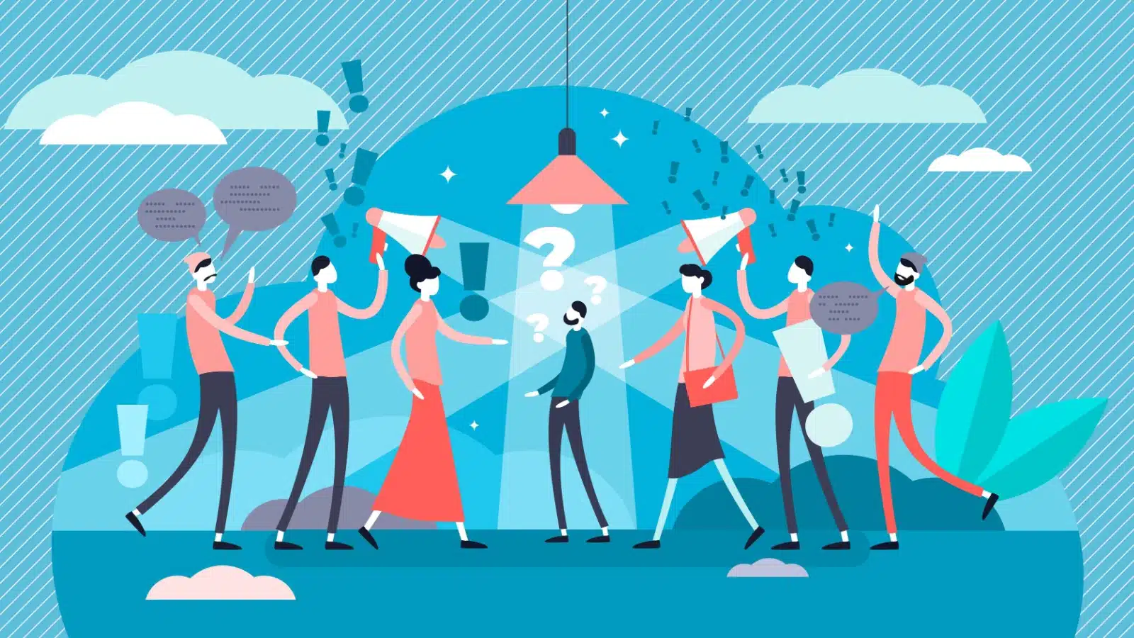 A graphic illustrating social pressure and social conditioning. People in red surround a man in blue, shining a spot light on him because he dares to be different.