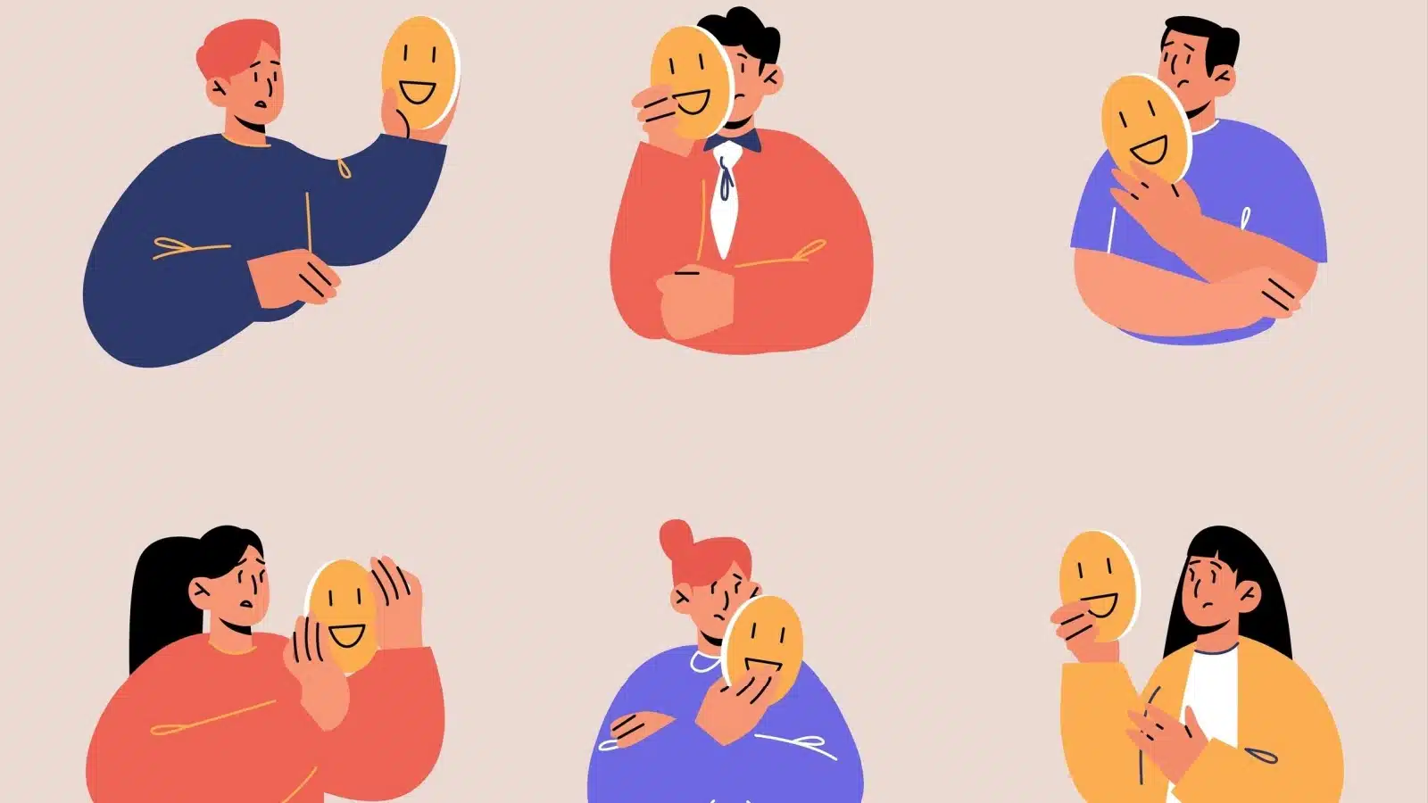 Graphic of cartoon people holding their fake happy faces away from their real, sadder faces to represent letting go of toxic positivity.