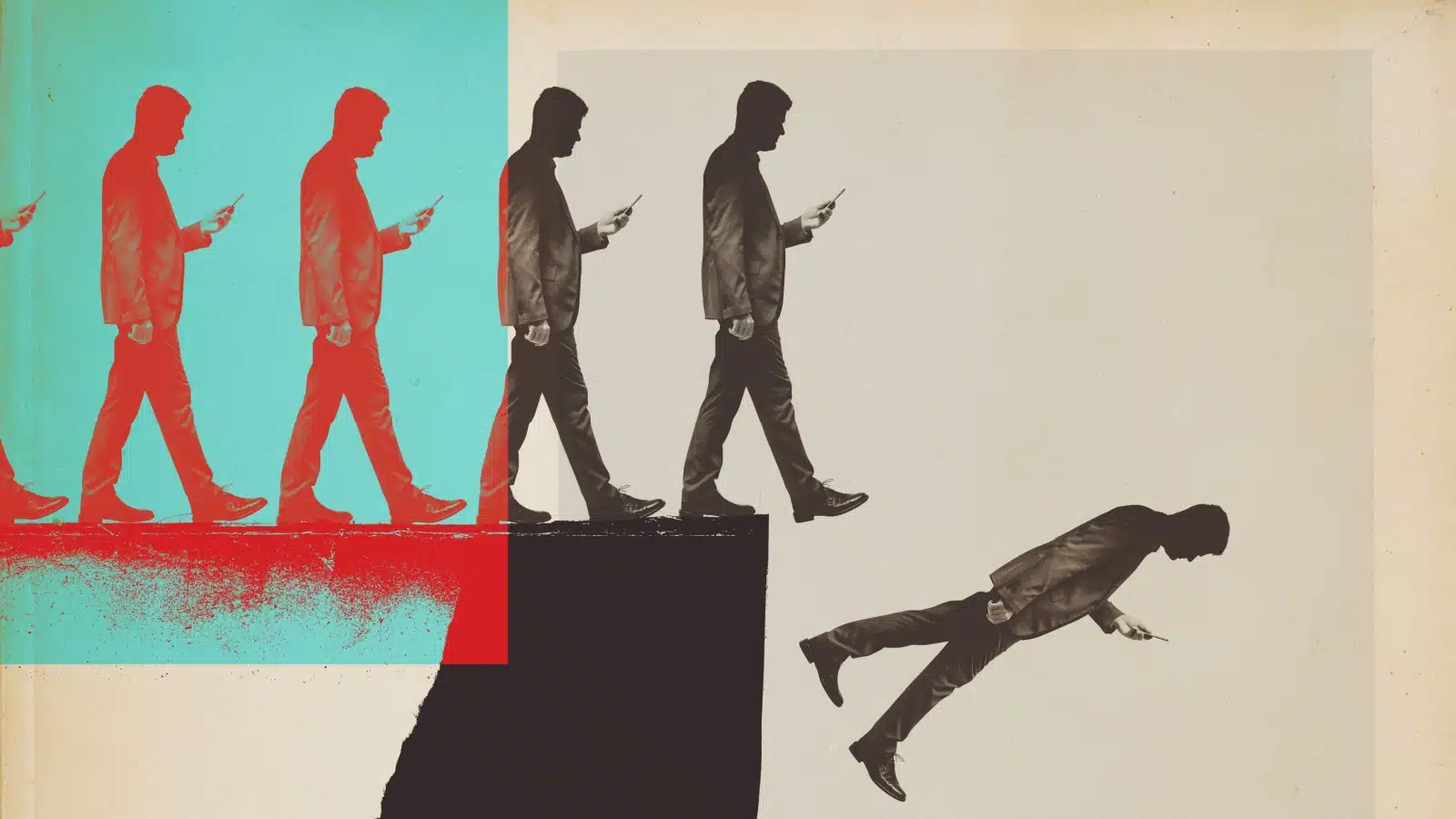 A line of identical men staring at their phones while walking right off a cliff to represent toxic social norms.