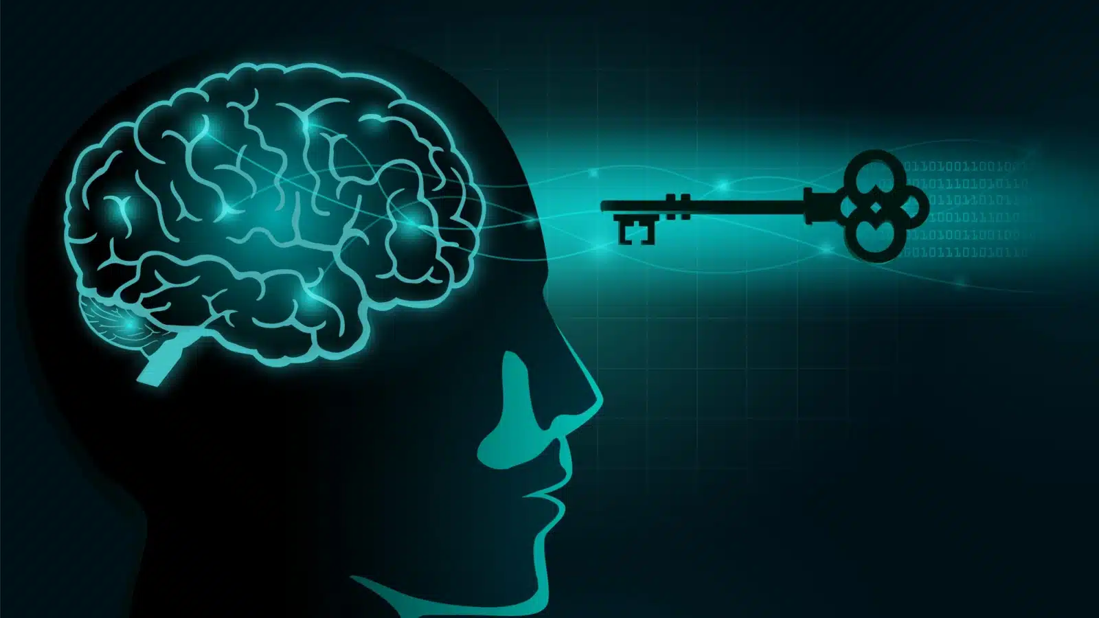 Blue and black graphic of a human brain in a mind, with a key pointing toward the head, to represent the question "what is mindset?"