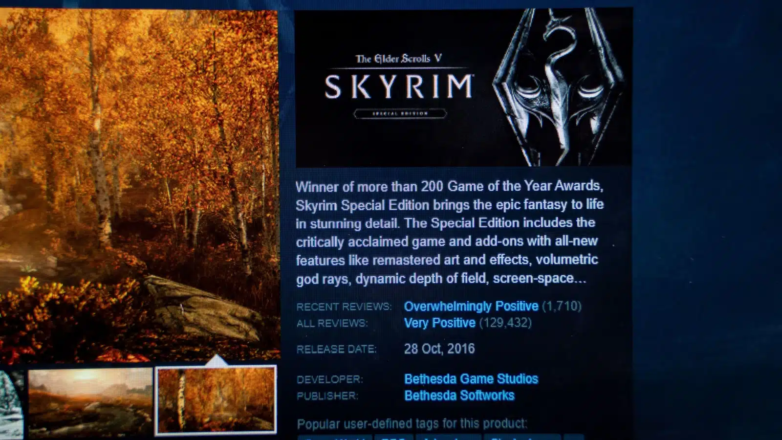A screen with the description of Elder Scrolls Skyrim - one of the best video games of all time. 